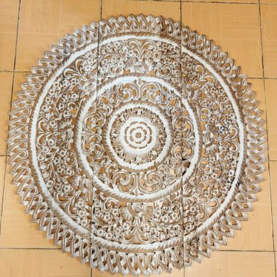 Intricate Thai Round Mandala Wood Carving (90cm, 3-Piece Set)