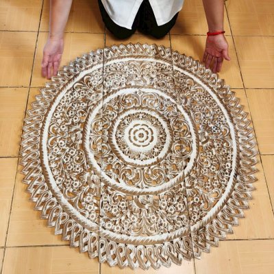 Intricate Thai Round Mandala Wood Carving (90cm, 3-Piece Set)