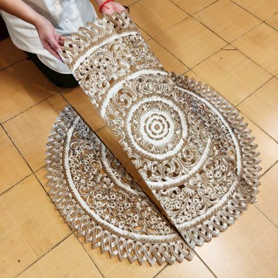 Intricate Thai Round Mandala Wood Carving (90cm, 3-Piece Set)