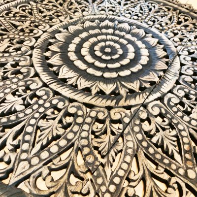 Hand Carved Lotus Mandala Round Wood Wall Art 90cm