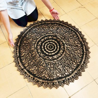 Hand Carved Lotus Mandala Round Wood Wall Art 90cm