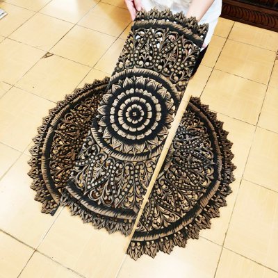 Hand Carved Lotus Mandala Round Wood Wall Art 90cm