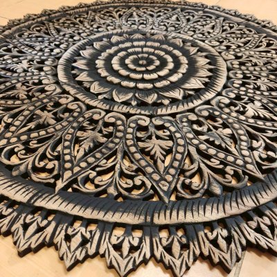 Hand Carved Lotus Mandala Round Wood Wall Art 90cm