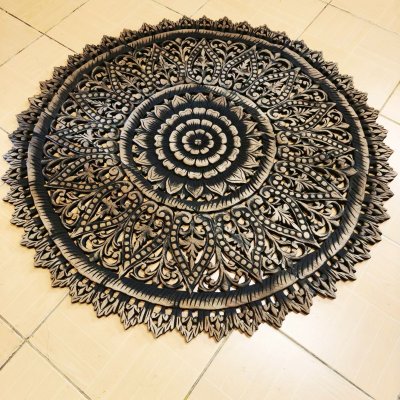 Hand Carved Lotus Mandala Round Wood Wall Art 90cm