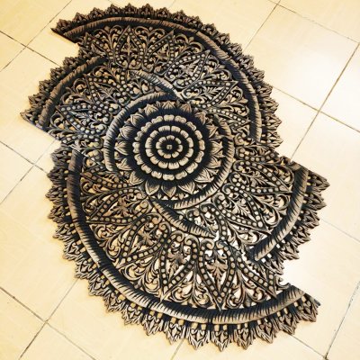 Hand Carved Lotus Mandala Round Wood Wall Art 90cm