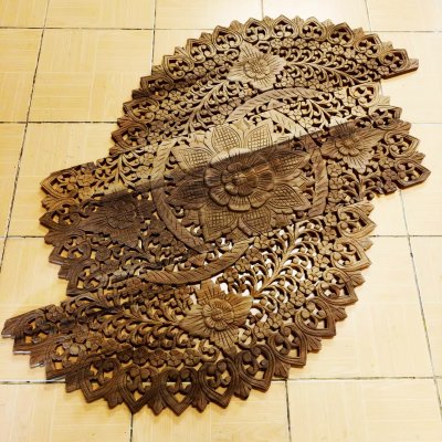 Natural Brown Hand Carved 3-Panel Lotus Mandala Wall Art 90cm