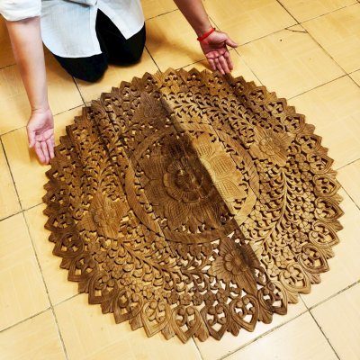 Natural Brown Hand Carved 3-Panel Lotus Mandala Wall Art 90cm