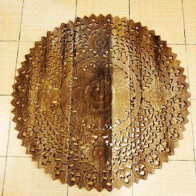 Natural Brown Hand Carved 3-Panel Lotus Mandala Wall Art 90cm