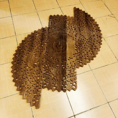 Natural Brown Hand Carved 3-Panel Lotus Mandala Wall Art 90cm