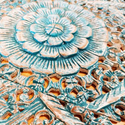 Distressed Teal Lotus Mandala 3-Panel Wood Carving Wall Art 90cm