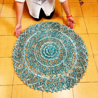 Distressed Teal Lotus Mandala 3-Panel Wood Carving Wall Art 90cm