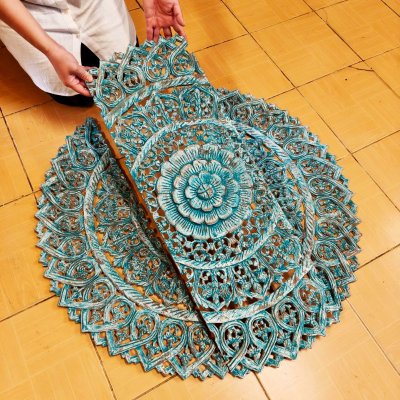 Distressed Teal Lotus Mandala 3-Panel Wood Carving Wall Art 90cm