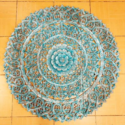 Distressed Teal Lotus Mandala 3-Panel Wood Carving Wall Art 90cm