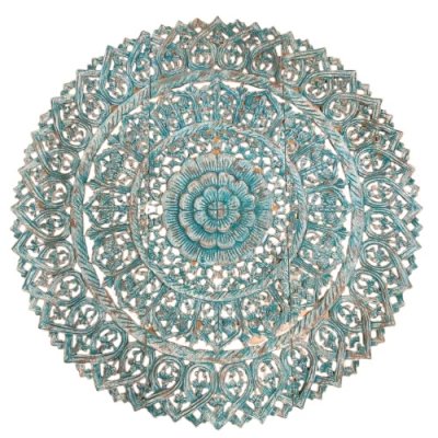 Distressed Teal Lotus Mandala 3-Panel Wood Carving Wall Art 90cm