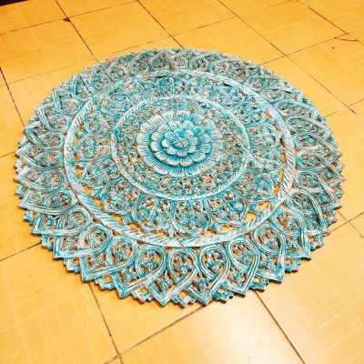 Distressed Teal Lotus Mandala 3-Panel Wood Carving Wall Art 90cm