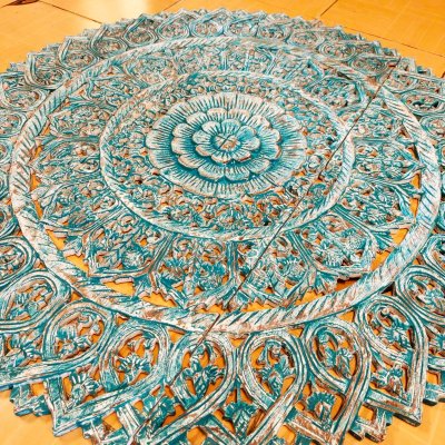 Distressed Teal Lotus Mandala 3-Panel Wood Carving Wall Art 90cm