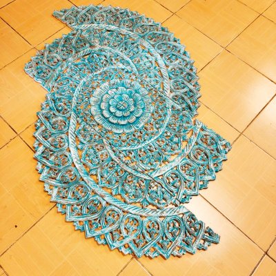 Distressed Teal Lotus Mandala 3-Panel Wood Carving Wall Art 90cm