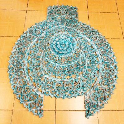 Distressed Teal Lotus Mandala 3-Panel Wood Carving Wall Art 90cm