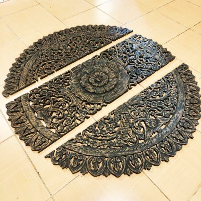 Black Mandala Carved Wood Wall Art Panel, 90 cm