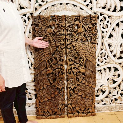 Hand-Carved Chamcha Wood Peacock Panel (120cm) - Thai Floral Art