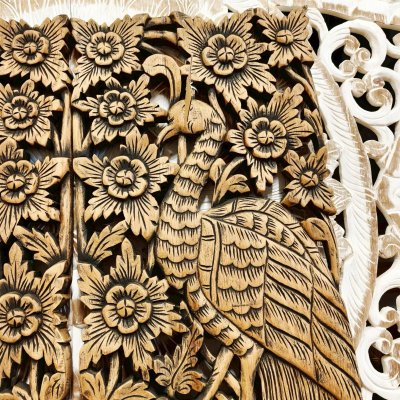 Hand-Carved Chamcha Wood Peacock Panel (120cm) - Thai Floral Art