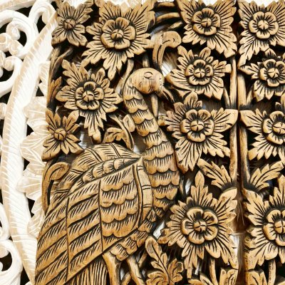 Hand-Carved Chamcha Wood Peacock Panel (120cm) - Thai Floral Art