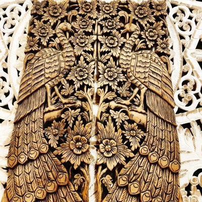 Hand-Carved Chamcha Wood Peacock Panel (120cm) - Thai Floral Art