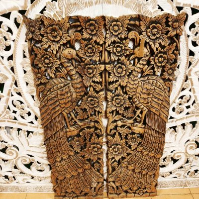 Hand-Carved Chamcha Wood Peacock Panel (120cm) - Thai Floral Art