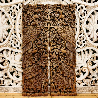 Hand-Carved Chamcha Wood Peacock Panel (120cm) - Thai Floral Art