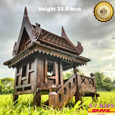 Large Size Thai Spirit House Shrine Teak Wood Worship Buddha Amulet Height 23.5” Handcraft Outdoor Decoration Garden Bird House Home Decor New Ship with Certificate of Teak Wood