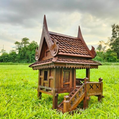 Large Size Thai Spirit House Shrine Teak Wood Worship Buddha Amulet Height 23.5” Handcraft Outdoor Decoration Garden Bird House Home Decor New Ship with Certificate of Teak Wood