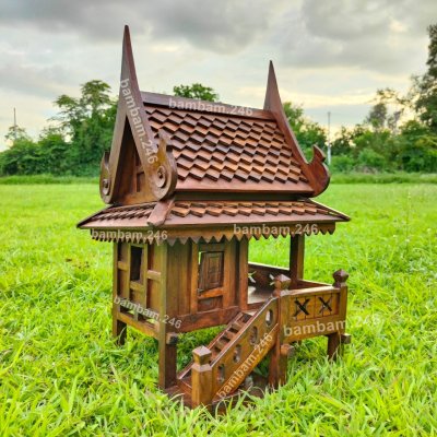 Large Size Thai Spirit House Shrine Teak Wood Worship Buddha Amulet Height 23.5” Handcraft Outdoor Decoration Garden Bird House Home Decor New Ship with Certificate of Teak Wood