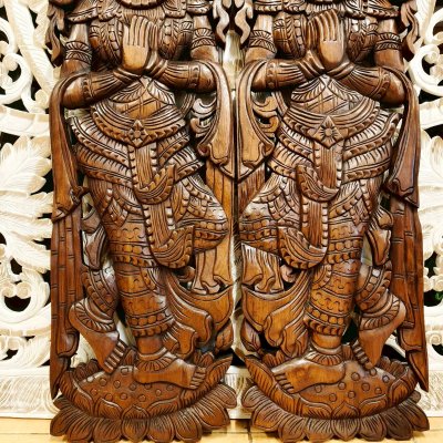 Large Hand-Carved Thai Thep Panom Deity Panel 120cm Chamcha Wood