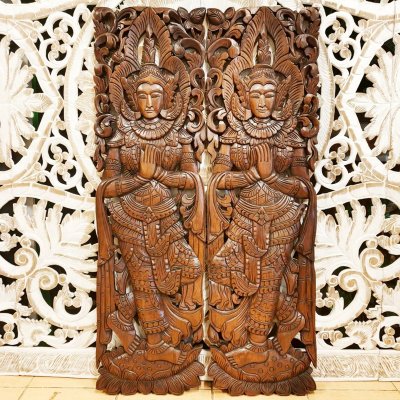 Large Hand-Carved Thai Thep Panom Deity Panel 120cm Chamcha Wood
