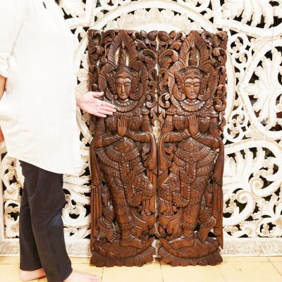 Large Hand-Carved Thai Thep Panom Deity Panel 120cm Chamcha Wood