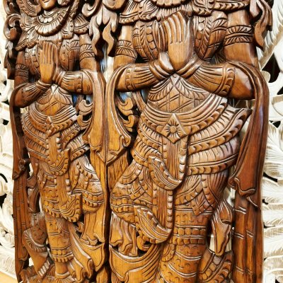 Large Hand-Carved Thai Thep Panom Deity Panel 120cm Chamcha Wood