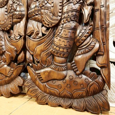 Large Hand-Carved Thai Thep Panom Deity Panel 120cm Chamcha Wood