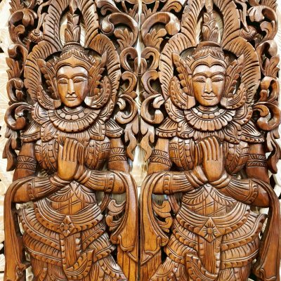 Large Hand-Carved Thai Thep Panom Deity Panel 120cm Chamcha Wood