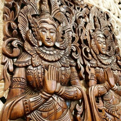 Large Hand-Carved Thai Thep Panom Deity Panel 120cm Chamcha Wood