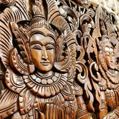 Large Hand-Carved Thai Thep Panom Deity Panel 120cm Chamcha Wood