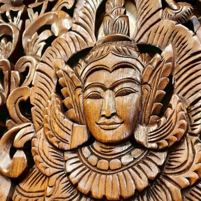 Large Hand-Carved Thai Thep Panom Deity Panel 120cm Chamcha Wood