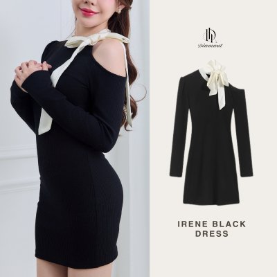 Irene Black Dress เดรสเปิดไหล่ข้างเดียว ดีเทลโบว์ผูก สไตล์สาวหวาน