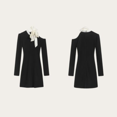 Irene Black Dress เดรสเปิดไหล่ข้างเดียว ดีเทลโบว์ผูก สไตล์สาวหวาน