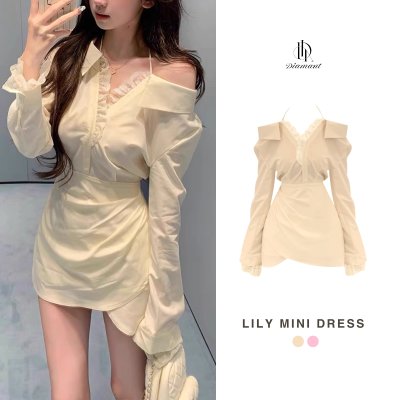 Lily Mini Dress, off-shoulder dress with neck tie and lace trim
