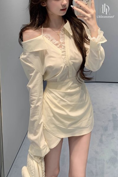 Lily Mini Dress, off-shoulder dress with neck tie and lace trim
