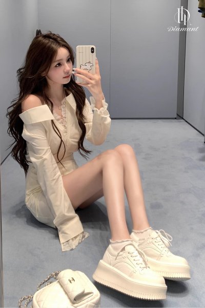 Lily Mini Dress, off-shoulder dress with neck tie and lace trim