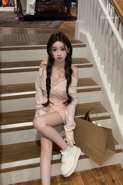 Lily Mini Dress, off-shoulder dress with neck tie and lace trim