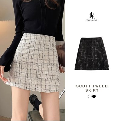 Scott Tweed Skirt, high-waisted plaid skirt, thick, soft tweed fabric