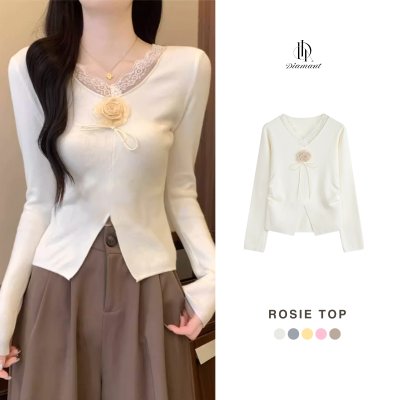 Rosie top, V-neck long-sleeved shirt, stretch fabric, comfortable to wear, with rose brooch