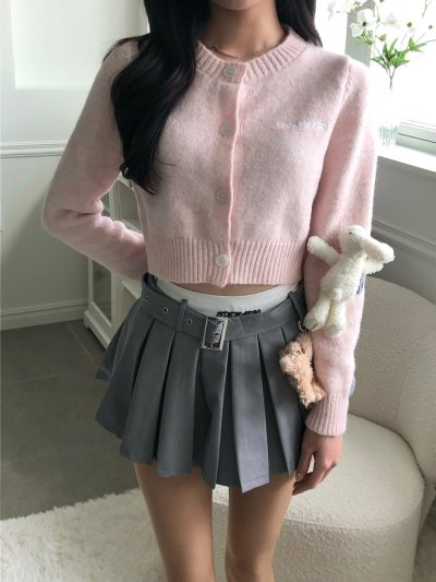 Teddy Bear Belt Pleated Skirt